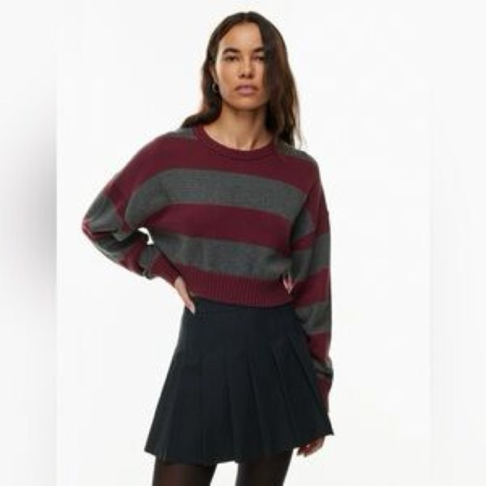 Sunday Best Peggy Burgundy and Gray Striped Crewneck Sweater XS